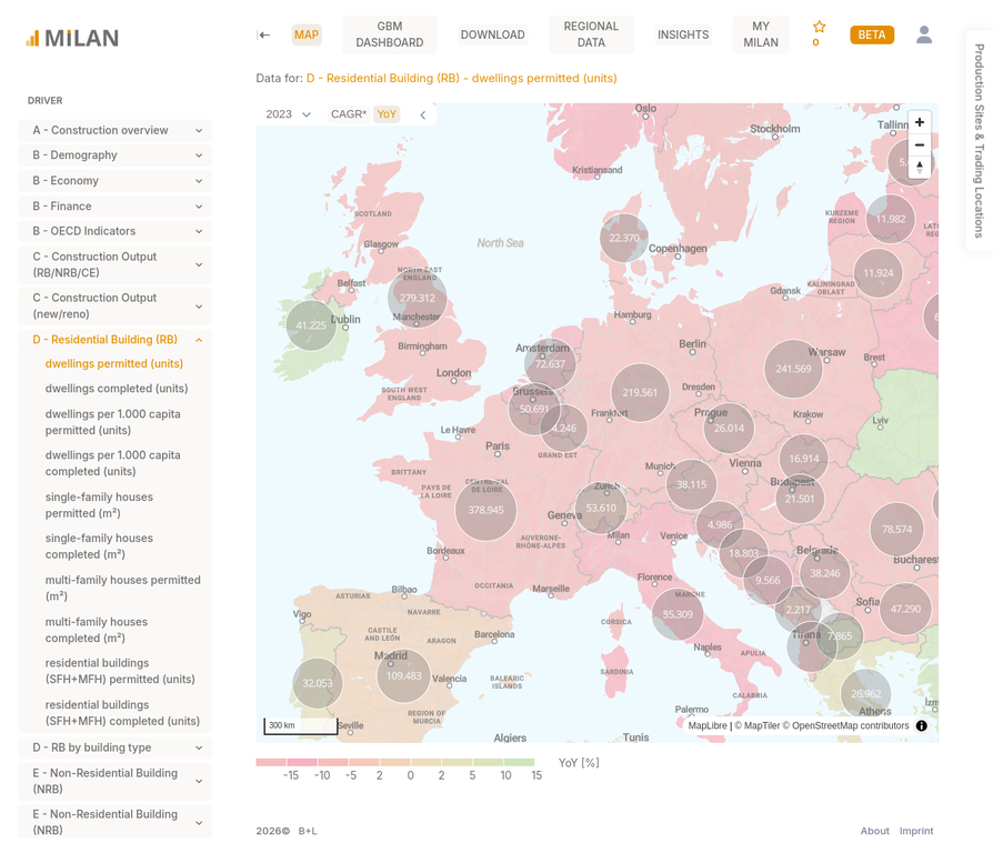 MILAN Portal — Mappa interattiva che mostra i dati del mercato edilizio in tutta Europa